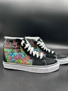 Vans Sk8 Mid Coral Reef Ocean Print Black White Sneakers Womens 6.5 New